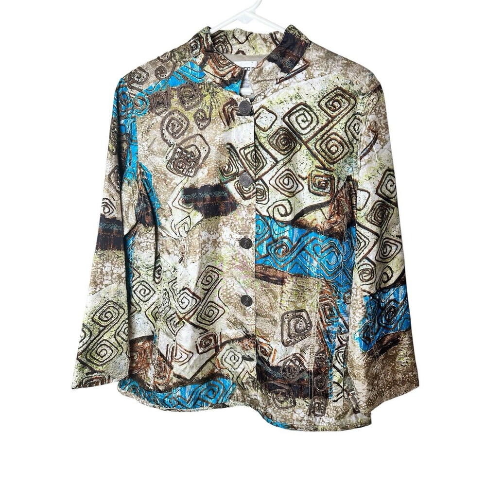 Chico’s Jacket Size L (2) Brown Silk Beaded Embroidered Button LS Blazer